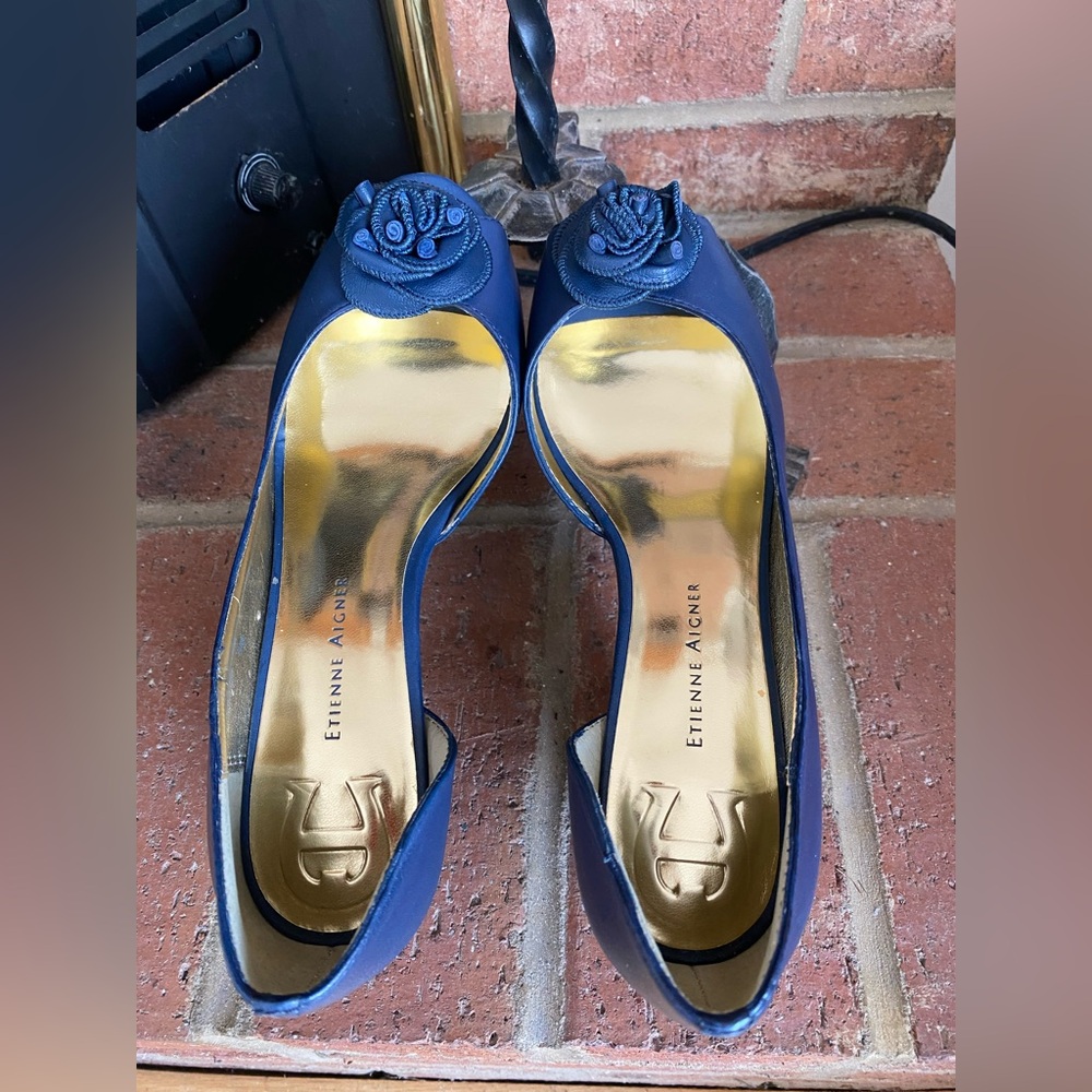 Etienne Aigner Blue Peep Toe Heels with Floral Detail